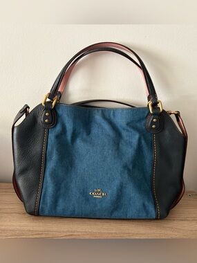 Coach Edie Denim Black Purse Leather Tote Bag - Blue/Black